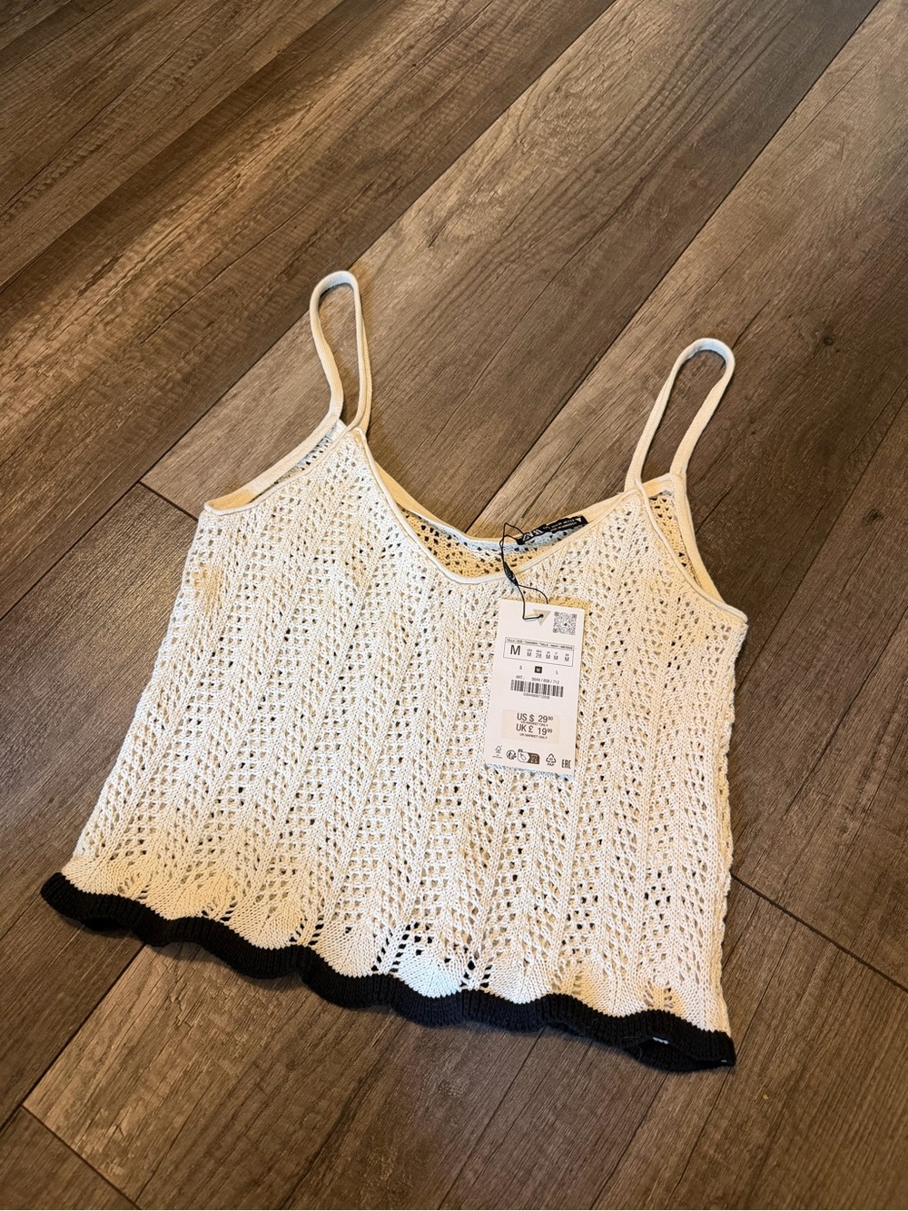 Zara Cream Crochet Tank Top with Black Trim